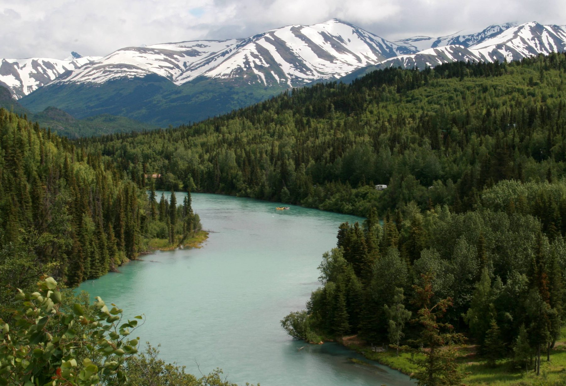The turquoise Kenai River winding through spruce forest below snow-capped mountains